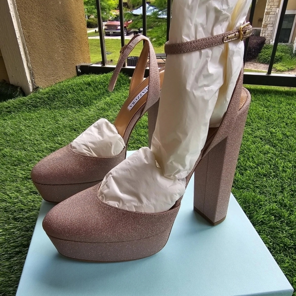 $950 Aquazzura Gold Pumps Sz 11 Women So High Plateau 140MM New Block Heel - Picture 7 of 9
